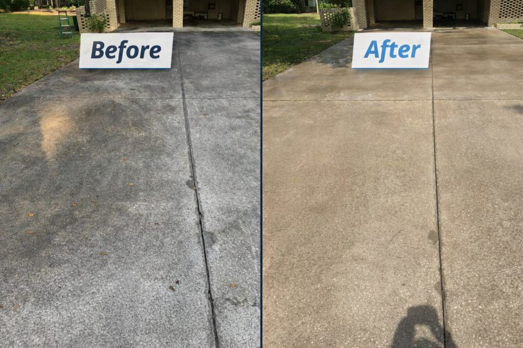 Before and after pressure washing a concrete driveway in Hinesville GA showing algae removal and restored surface color