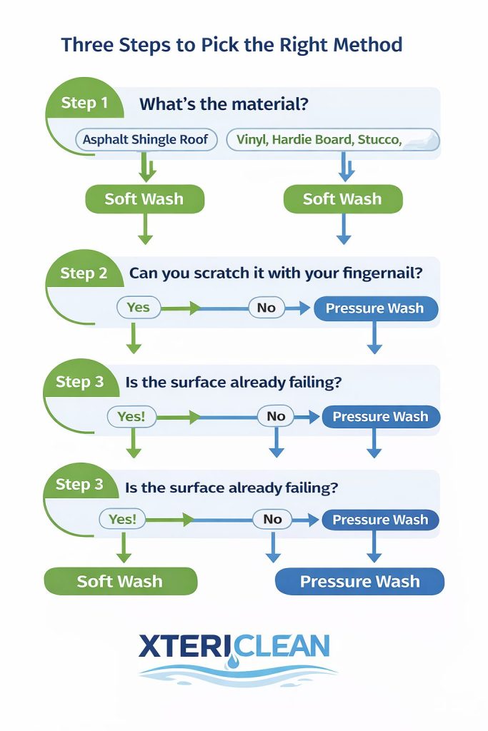 Flowchart showing how to decide between pressure washing and soft washing based on surface material in Hinesville GA