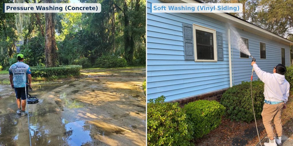 Comparison of pressure washing concrete versus soft washing vinyl siding on a Hinesville GA home
